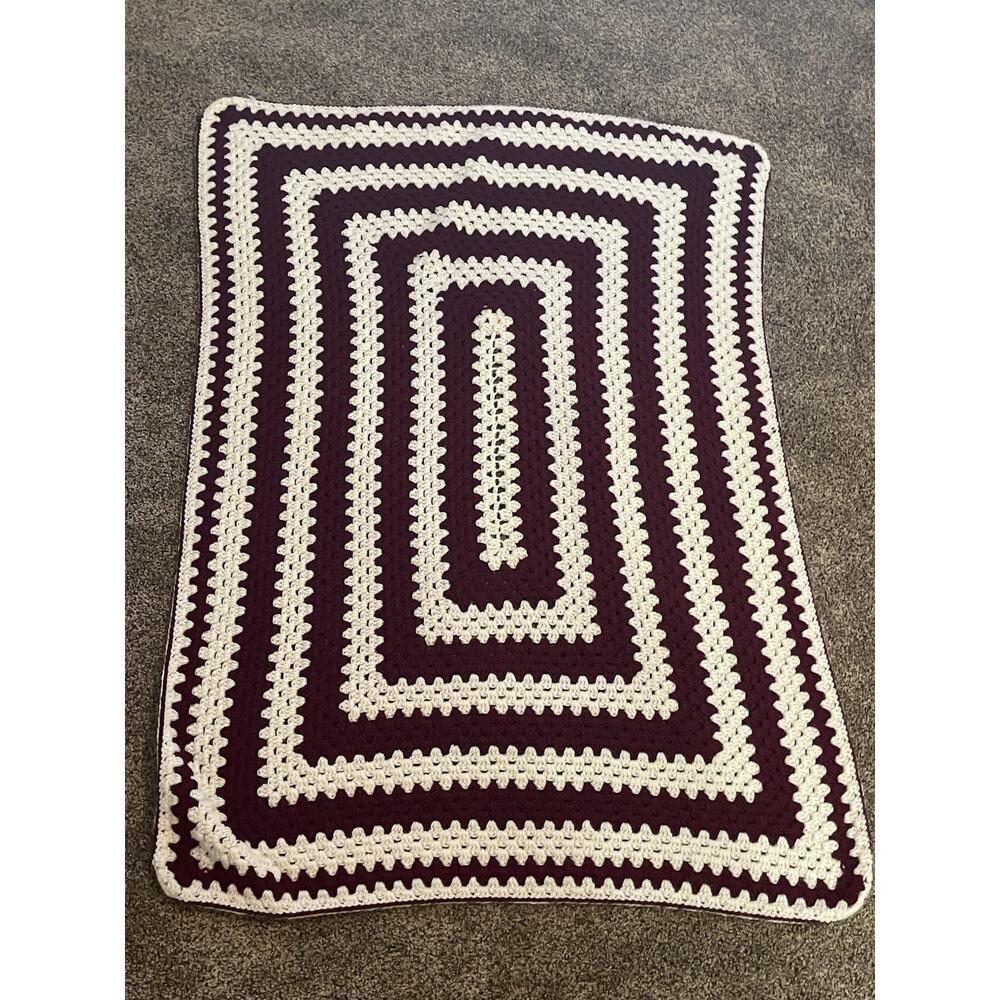 Handmade Blanket Afghan Crochet Knitted Maroon & Cream (approximately 55” x 40”)